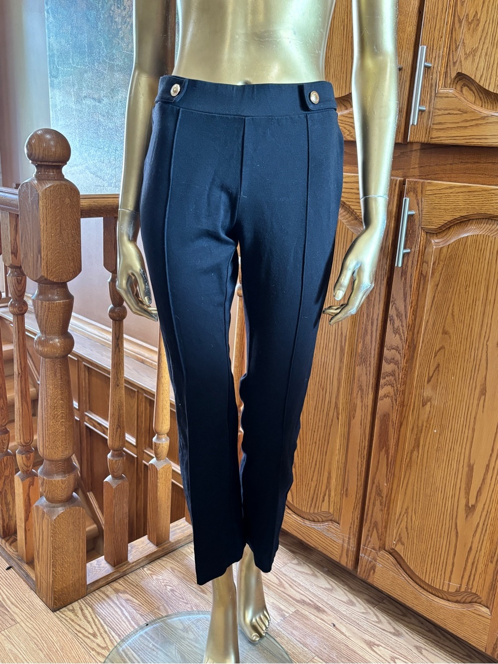 Michael Kors Black Slim Cropped Ponte Pants with Gold Buttons